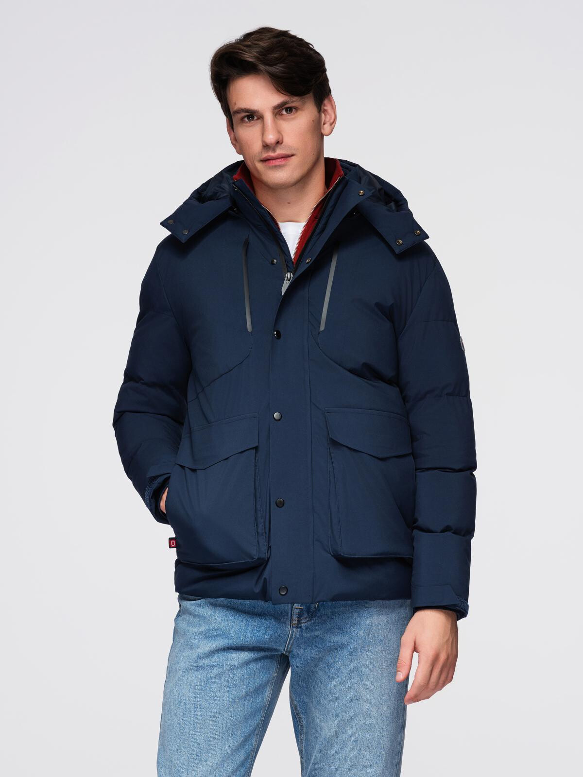 Ombre Men's winter jacket with detachable hood made of waterproof material - navy blue