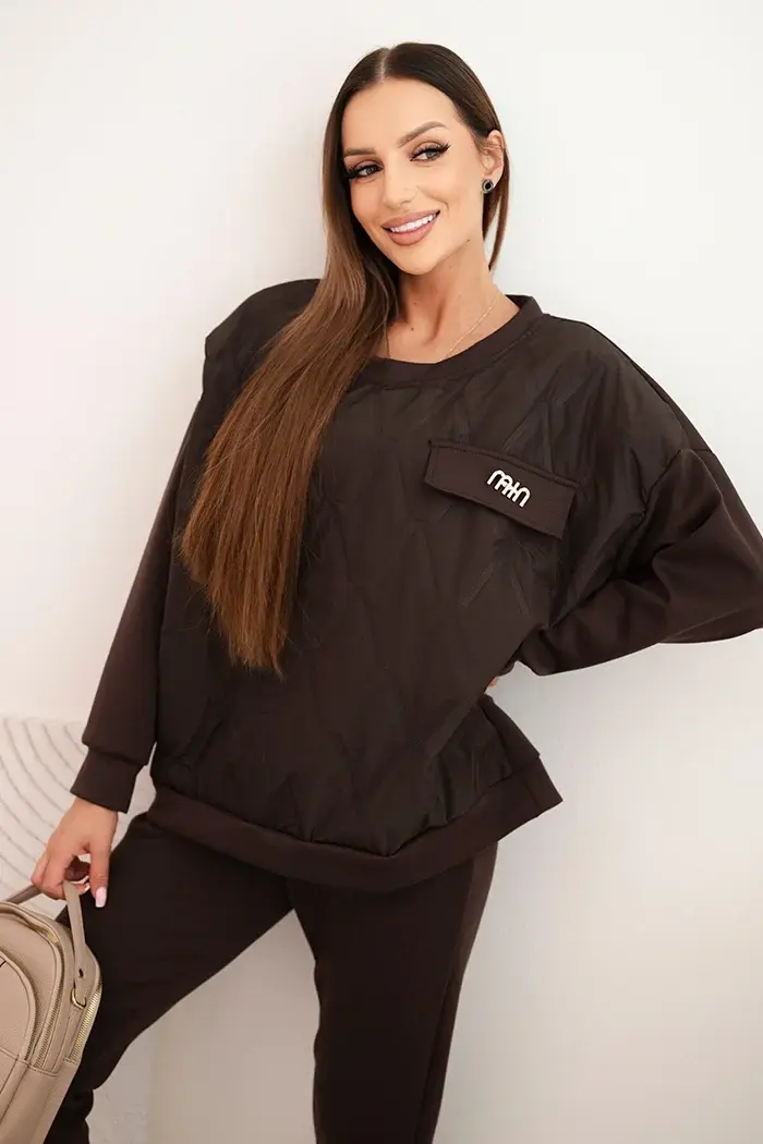 Kesi Włoski Komplet dresový dámsky z viskózy s prešívanou mikinou a nohavicami hnedý