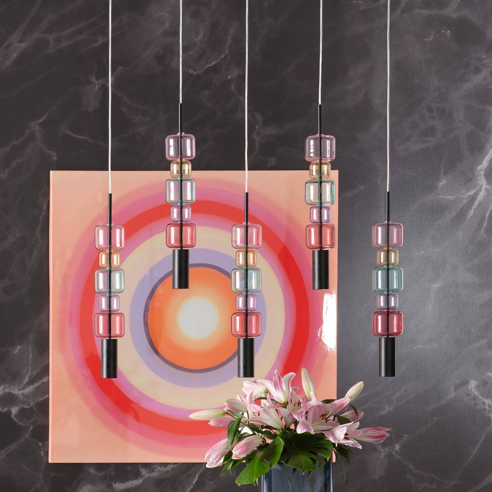 Kare závesné svietidlo Candy Bar Colore, sklo, 5-pl, GU10