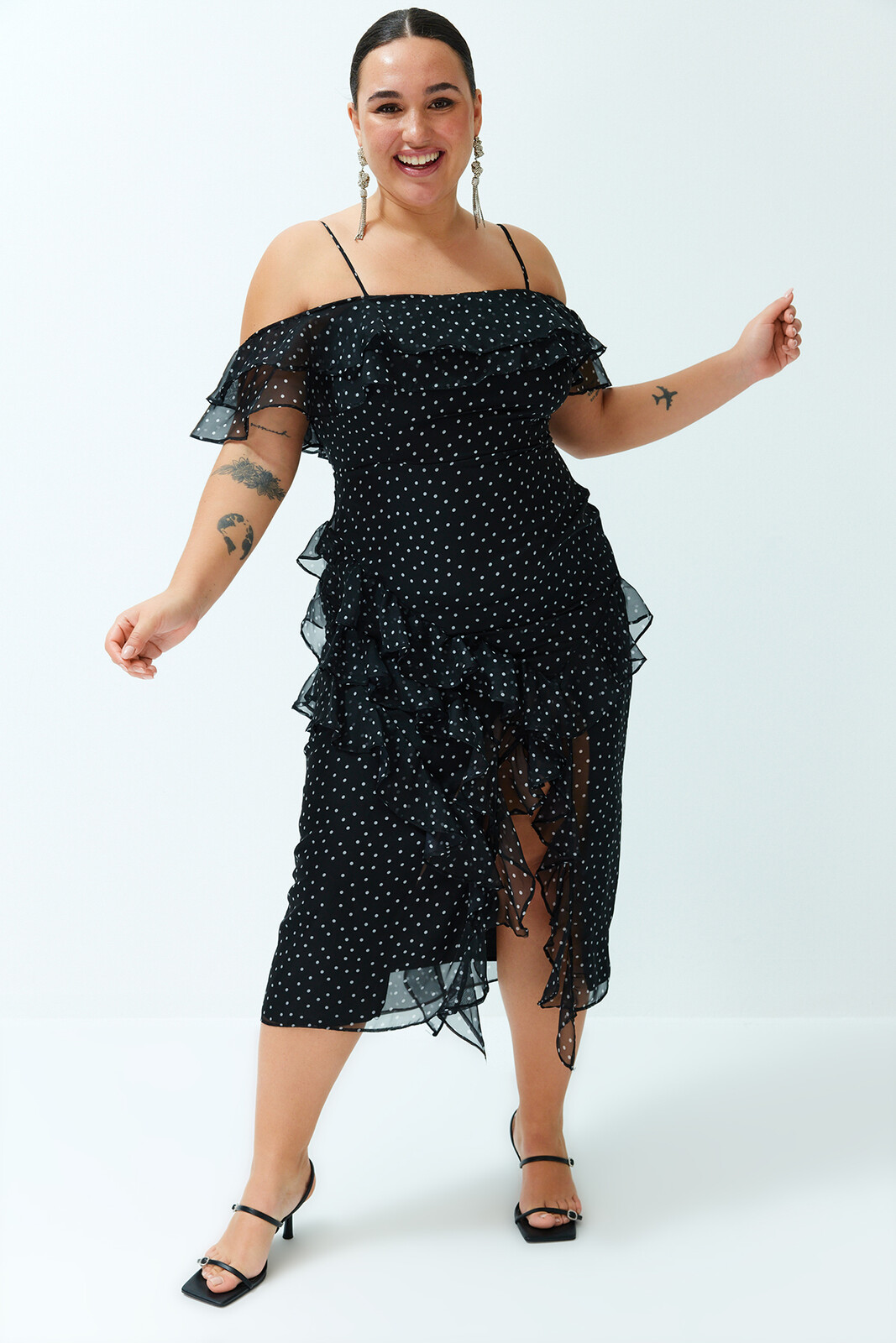 Trendyol Curve Black Polka Dot Ruffle Adjustable Strap Maxi/Long Length Woven Dress