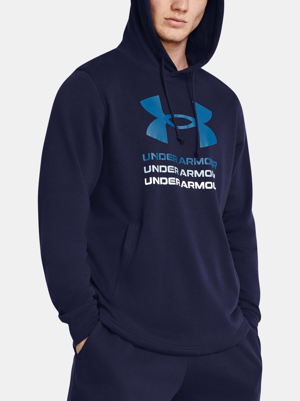 Tmavomodrá športová mikina Under Armour UA Rival Terry Graphic Hood