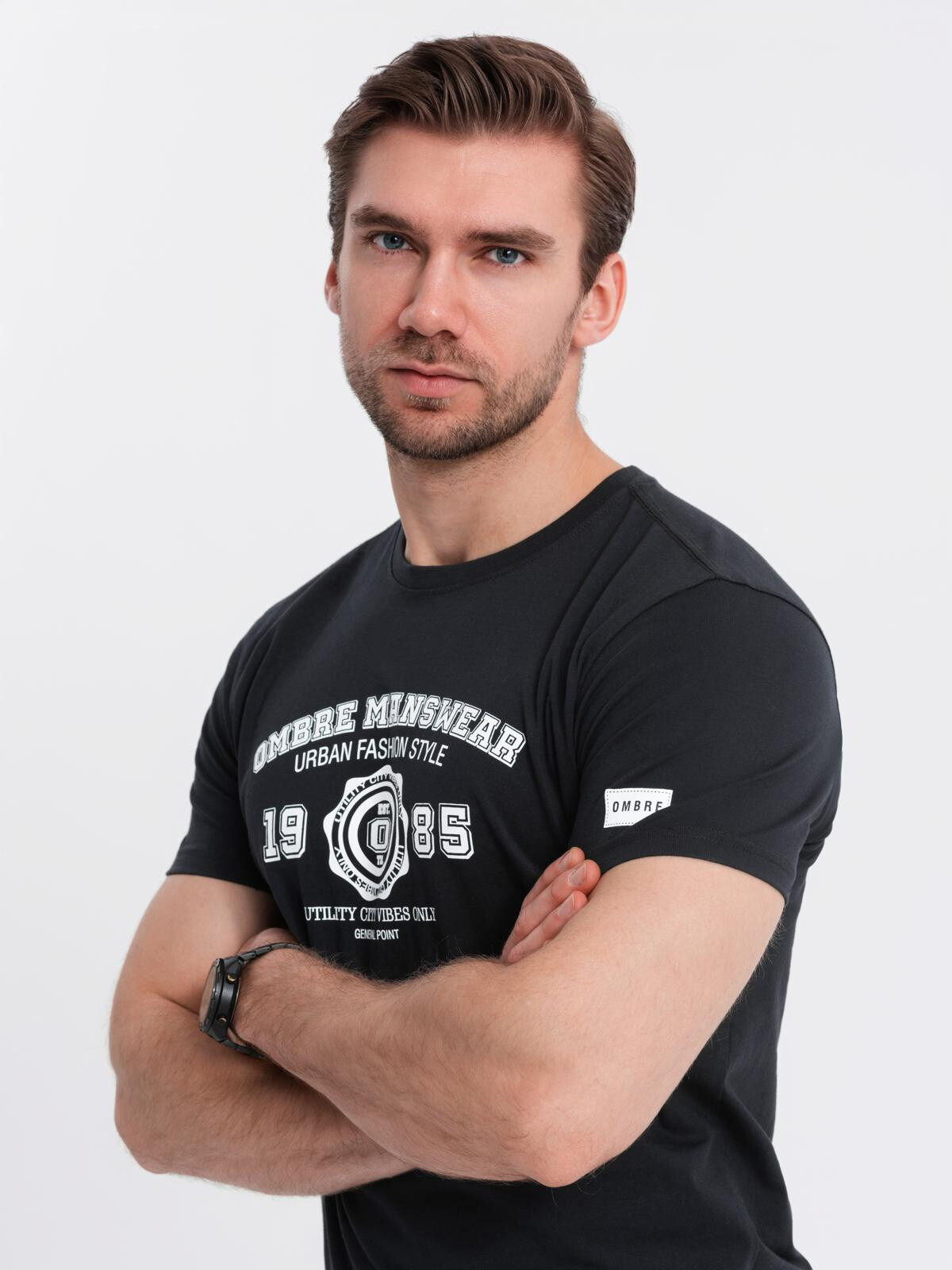 Ombre Men's college print cotton t-shirt - black