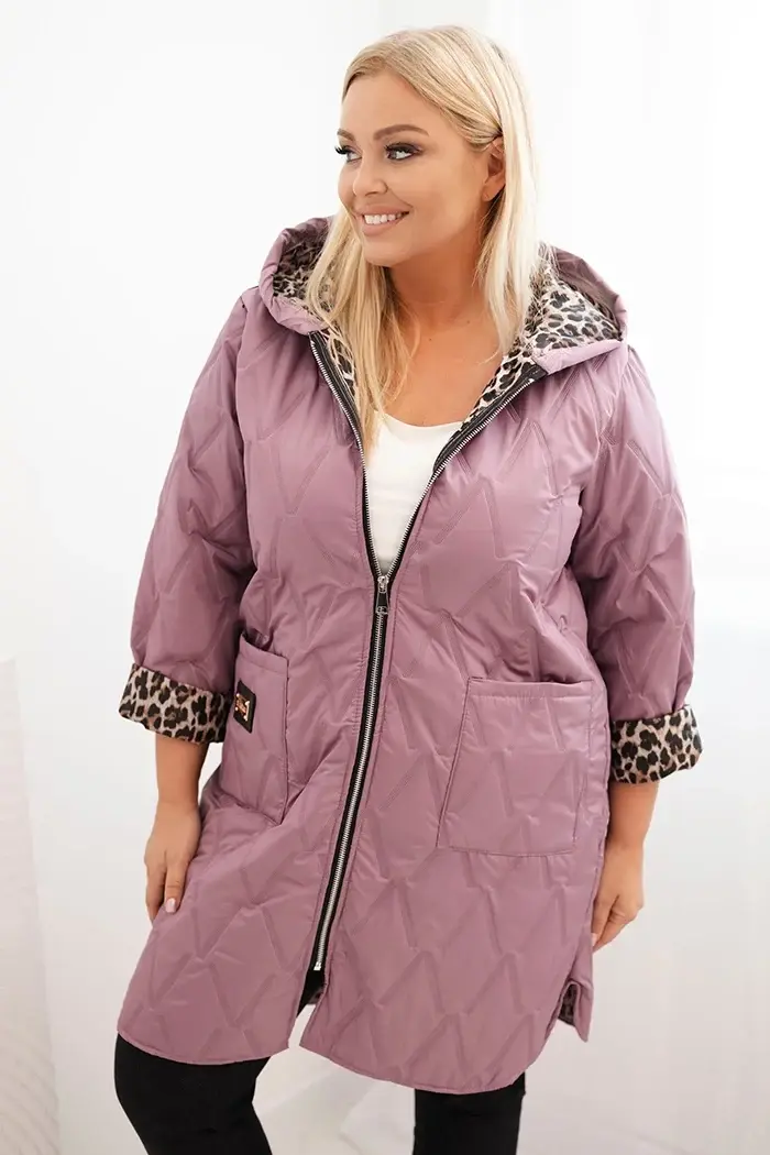 Kesi Włoski Dámska prešívaná bunda Plus Size s podšívkou v panterke a kapucňou tmavo ružová