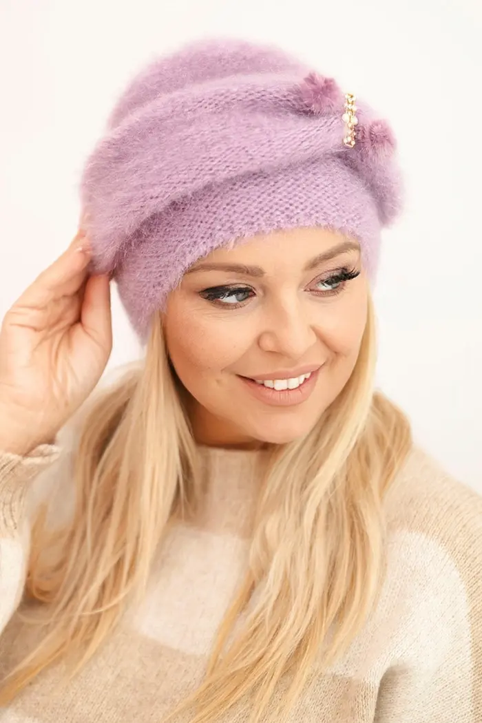 Kesi Dámska zimná čiapka nadýchaná s ozdobou a kožušinou fialová