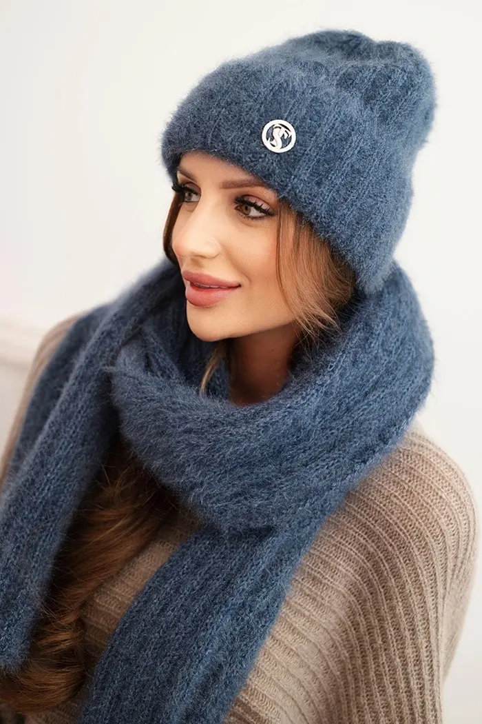 Kesi Dámsky komplet čiapka a dlhý šál z mäkkej priadze denimový