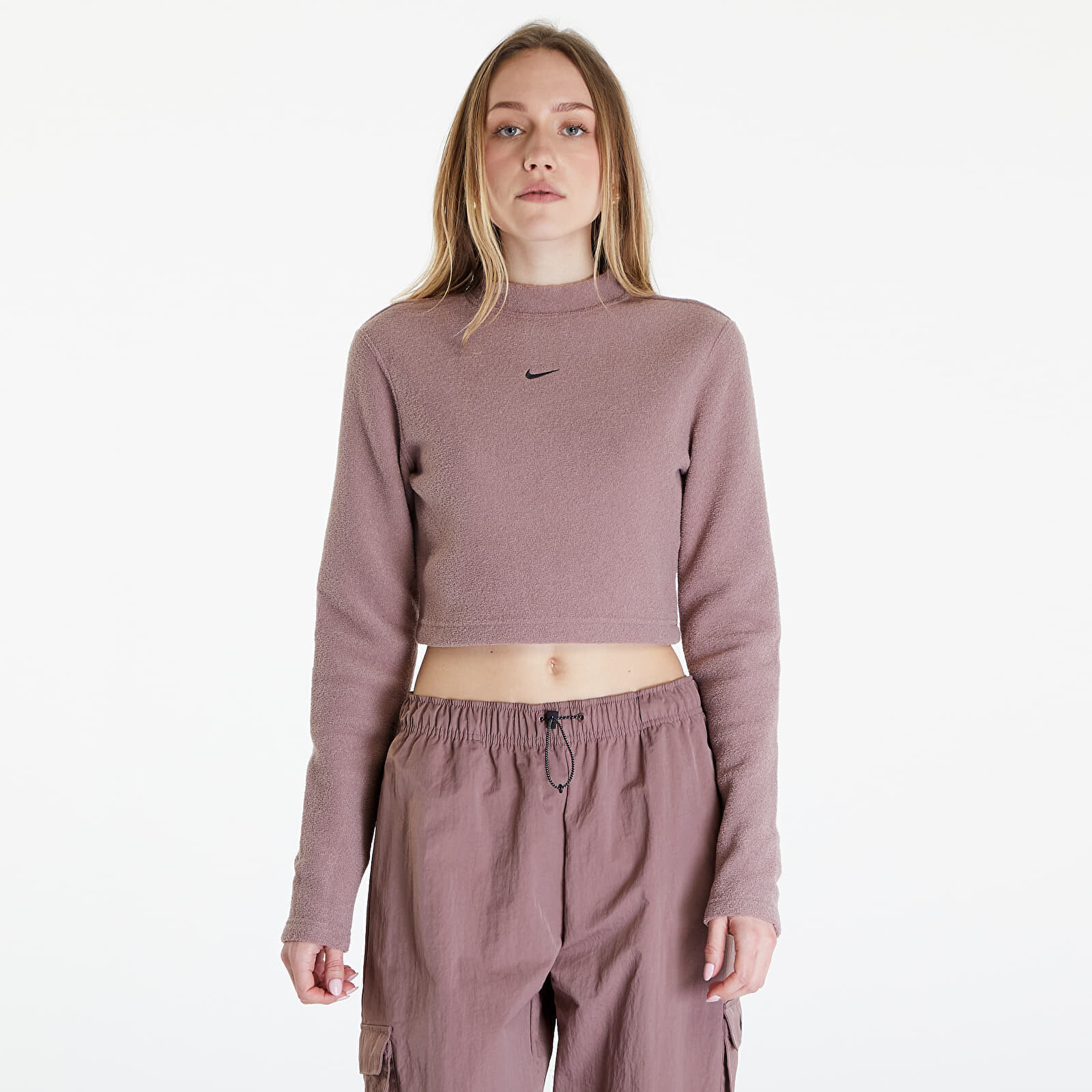 Tričko Nike Sportswear Phoenix Plush Women's Long-Sleeve Crop Top Smokey Mauve/ Black M