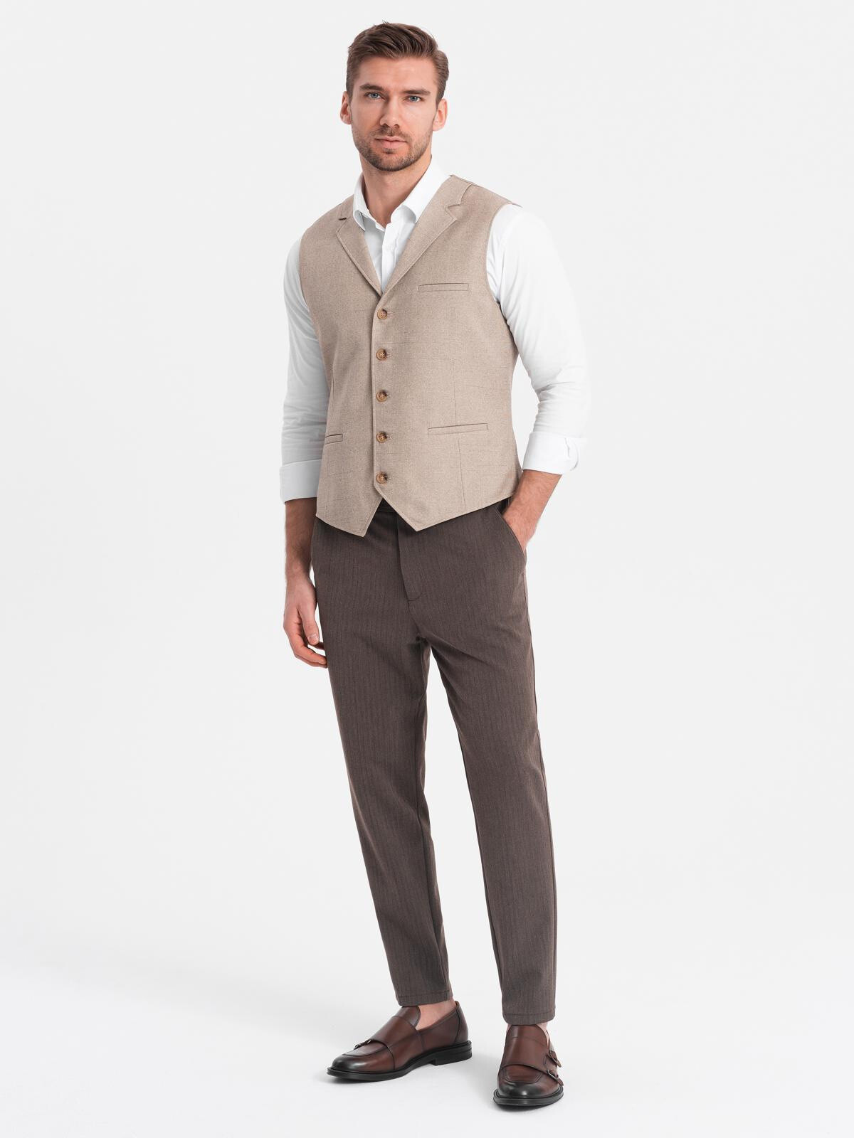 Ombre Men's chino pants with elastic waistband SLIM FIT - chocolate