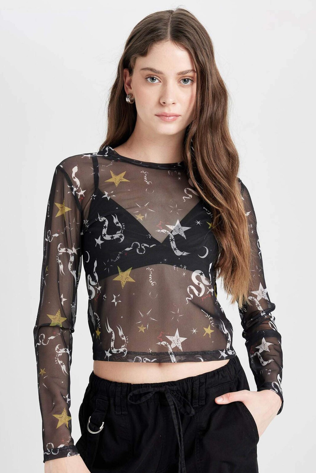 DEFACTO Cool Fitted Body Patterned Tulle Short Sleeve Black T-Shirt