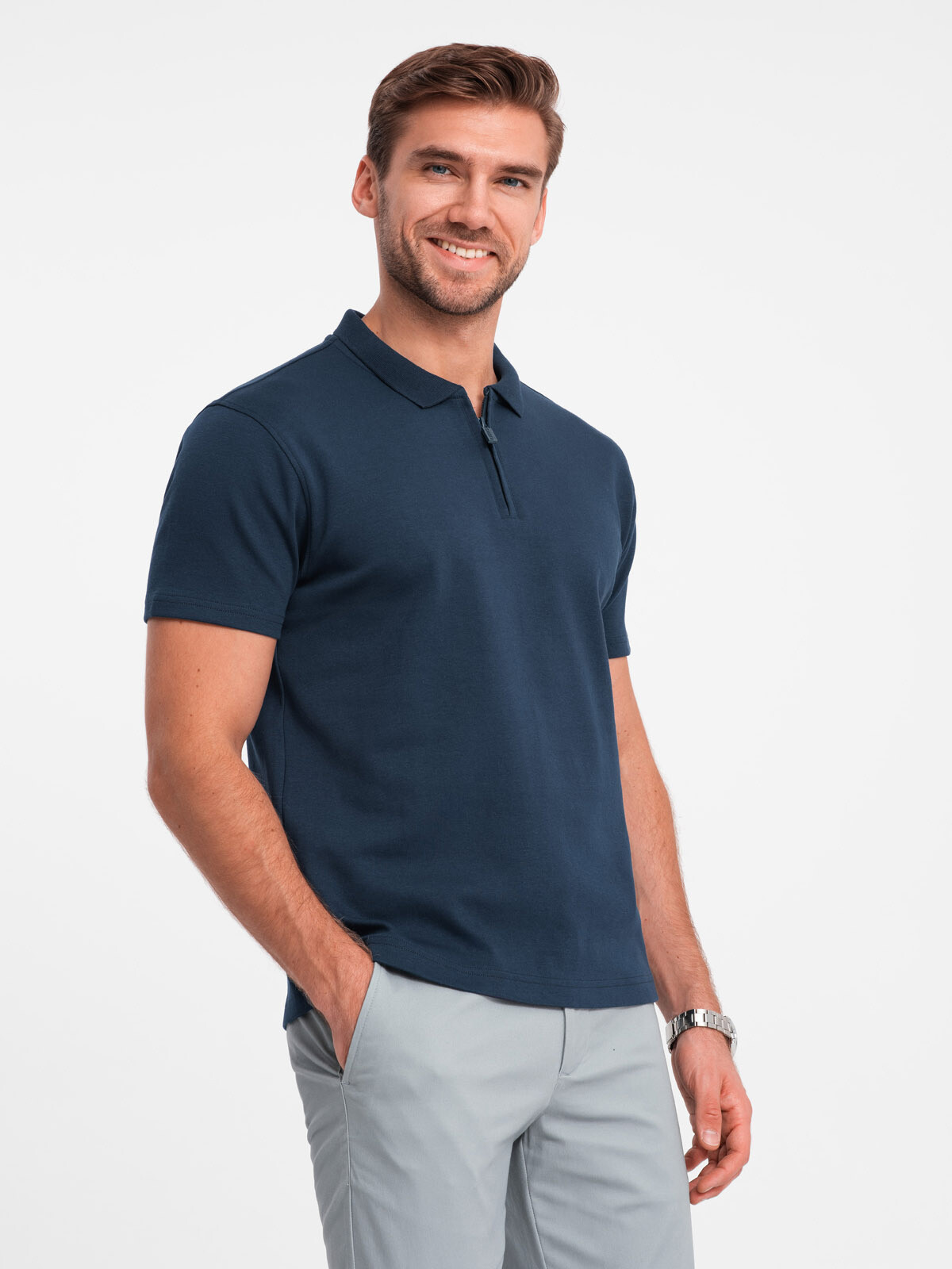 Ombre Men's polo shirt with zippered collar - navy blue