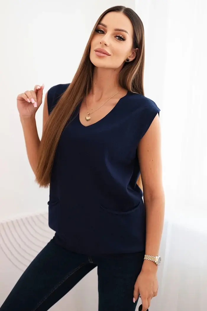 Kesi Włoski Dámsky viskózový sveter bez rukávov s vreckami a V výstrihom modrý