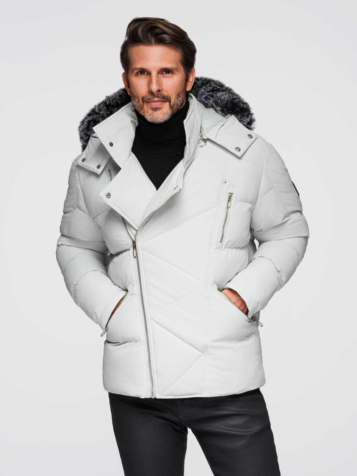 Ombre Men's quilted jacket with hooded ramonesque cut - light grey