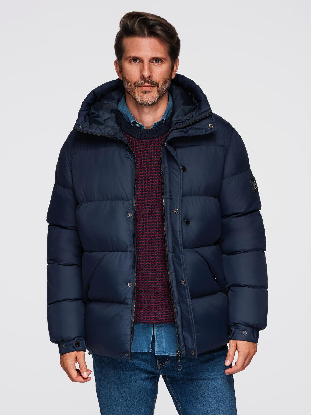 Ombre Men's quilted jacket with high zipped hood - navy blue