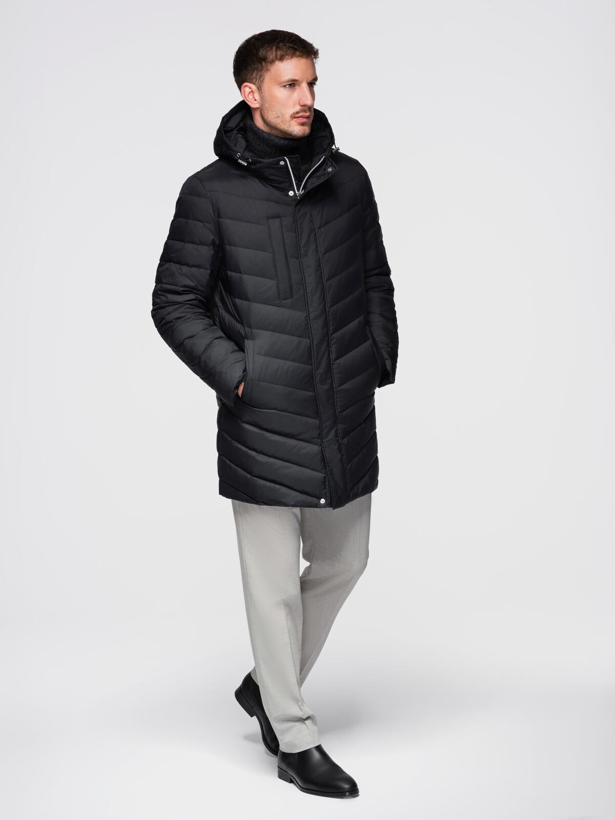 Ombre Men's long quilted jacket with natural filling - black