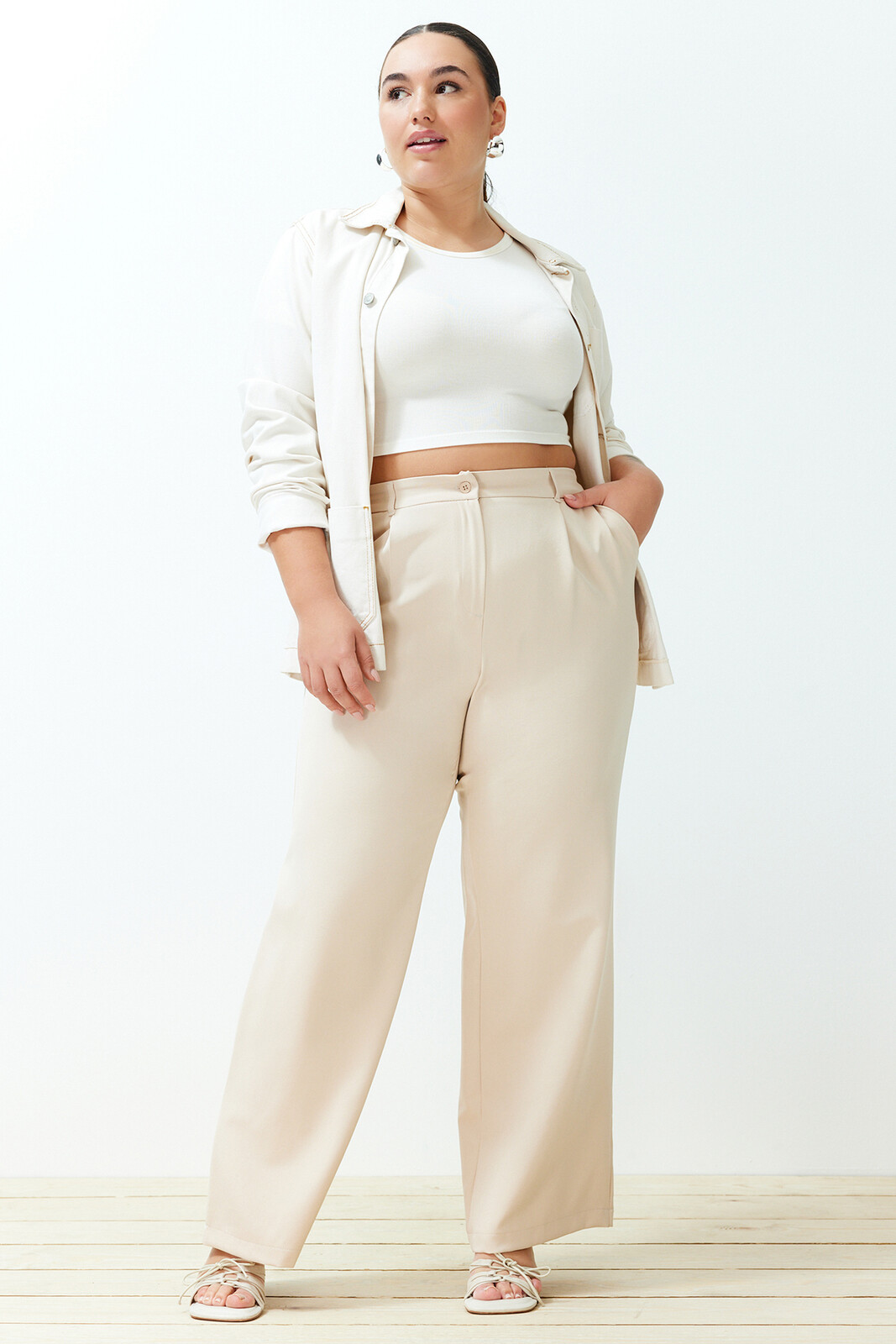 Trendyol Curve Stone Vysoký Pás Široké Nohavice S Plisovaným Tkaným Dizajnom