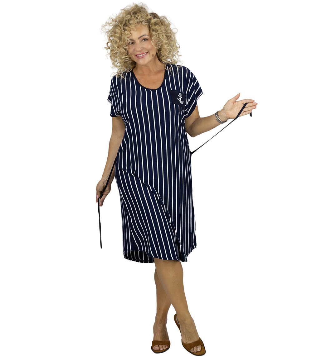 Pri Navy striped midi dress with waist tie MARINA