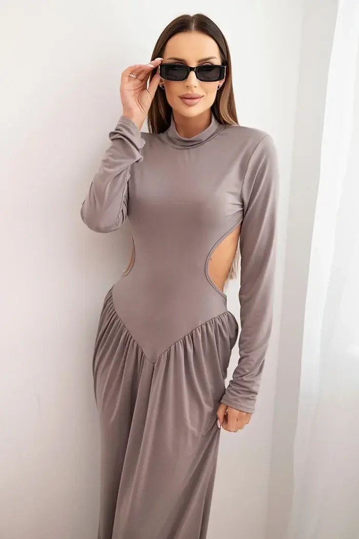 Kesi Włoski Dámska dlhá šaty z viskózy s golierom a odhalenými chrbtom fango