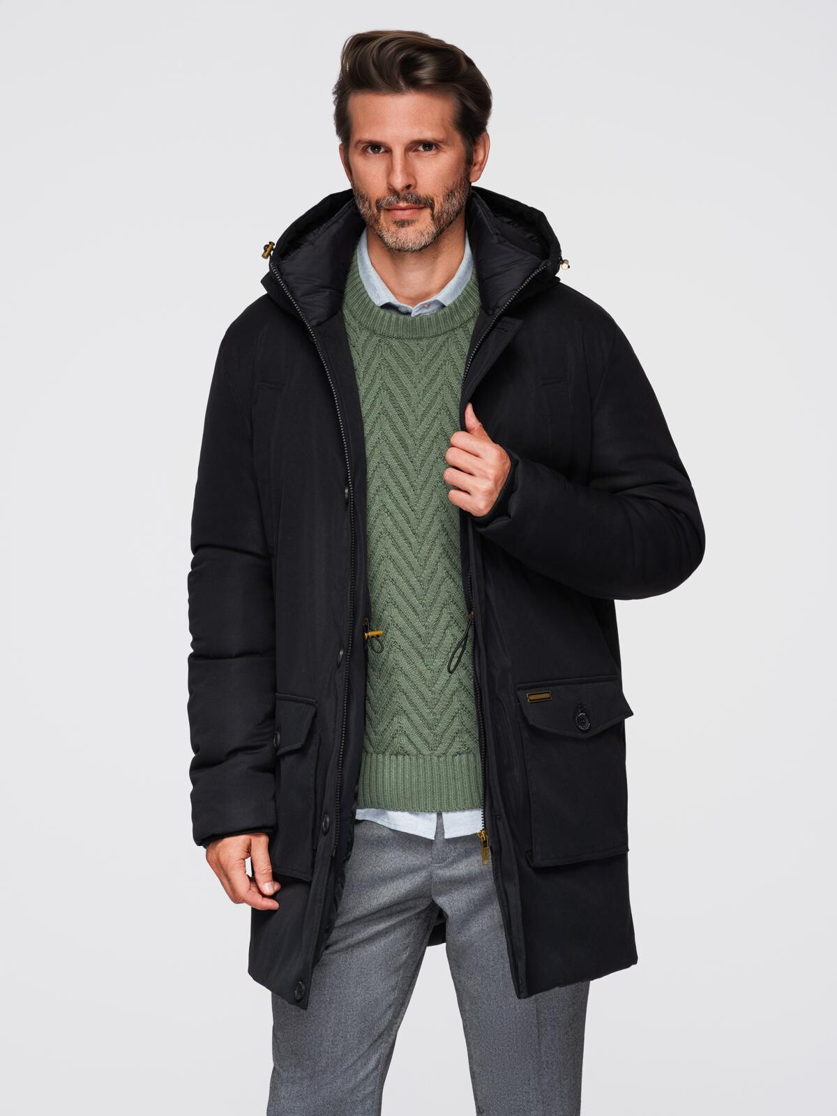 Ombre Elegant men's parka with cargo pockets and hood - black