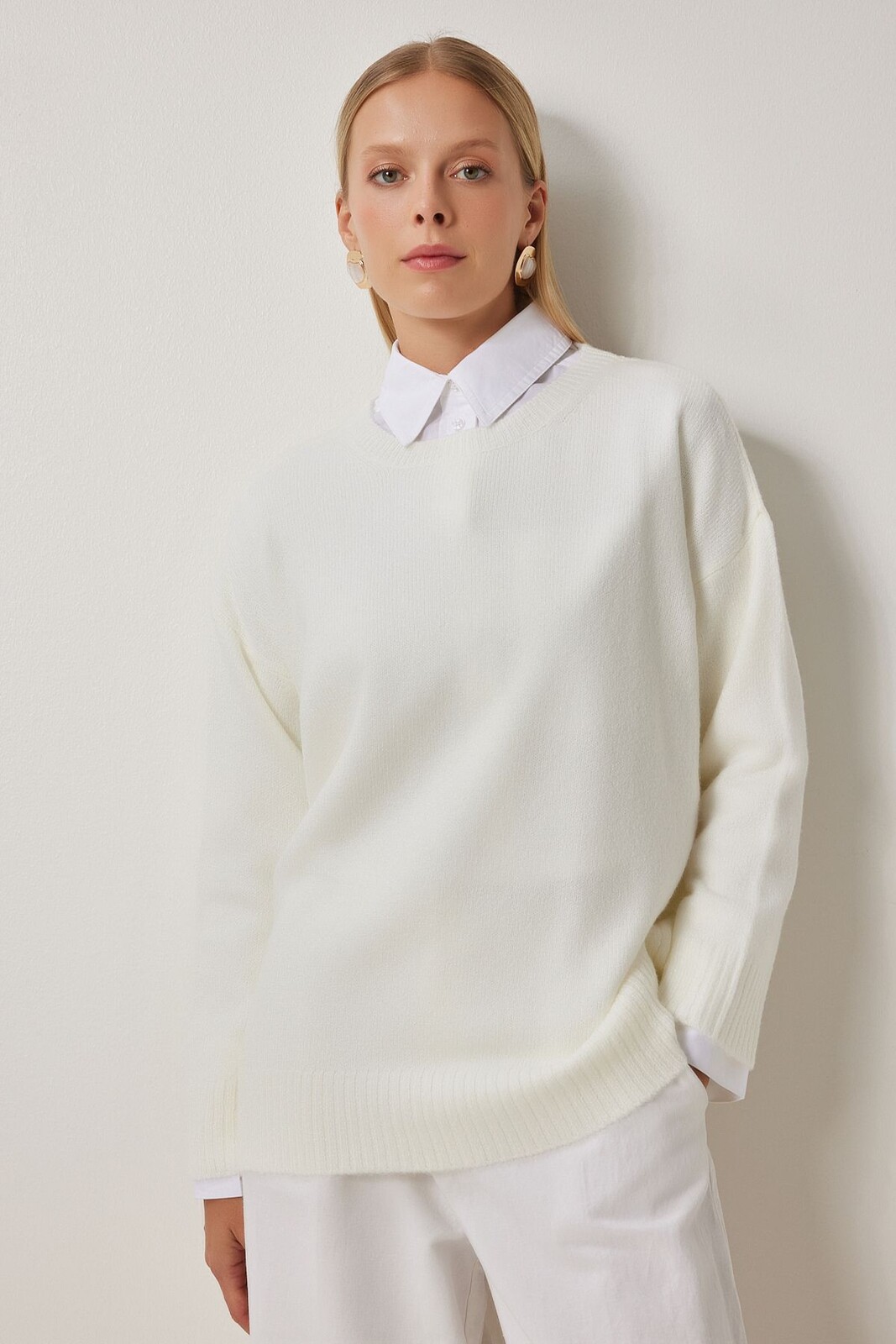 Happiness İstanbul Dámsky ecru oversized pletený sveter