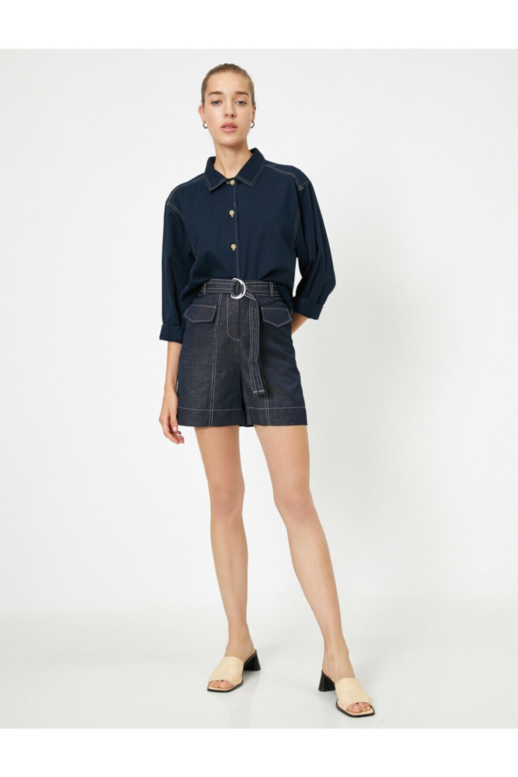 Dámske šortky Koton, námornícka modrá, s detailom opasku