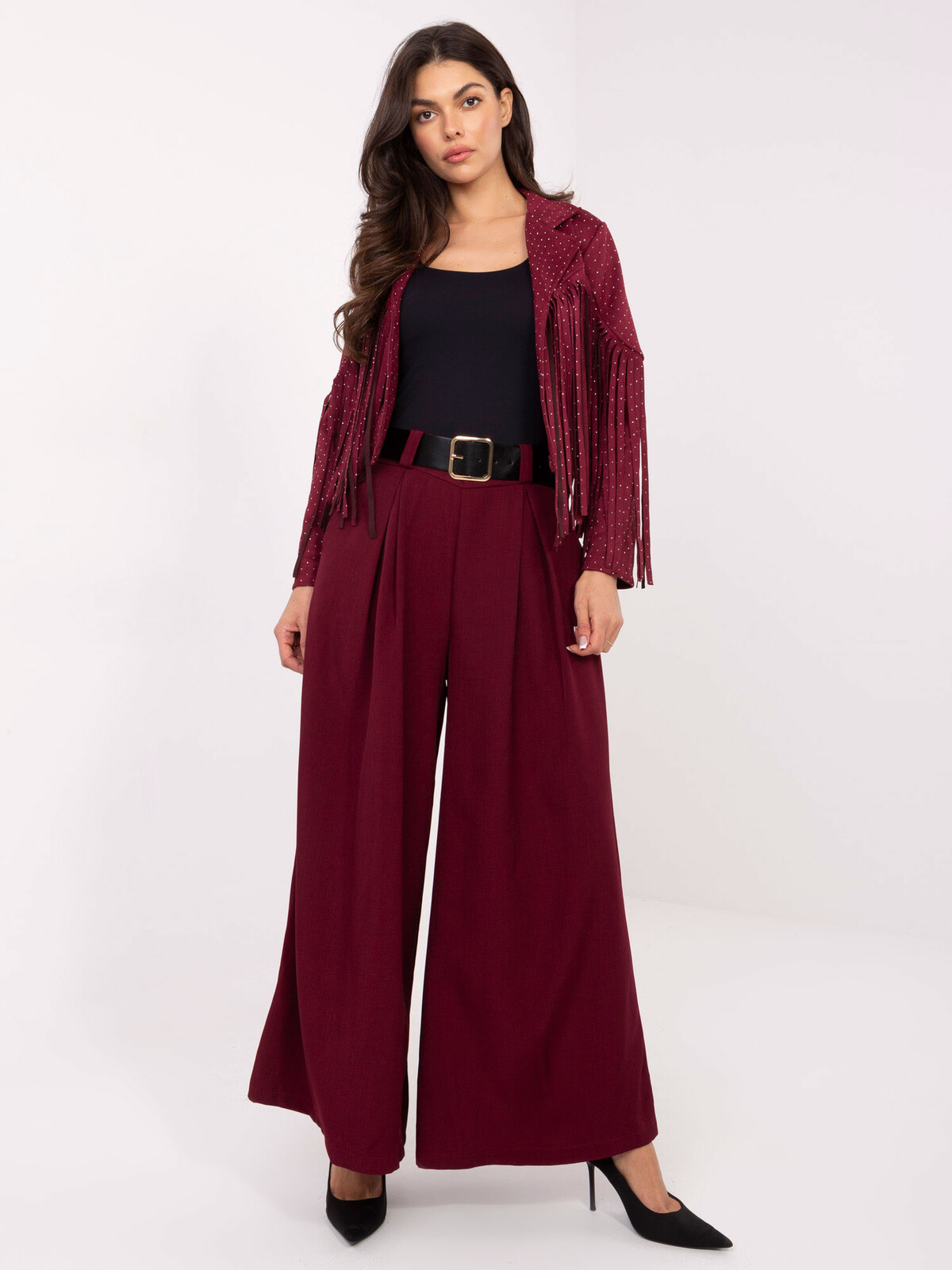 Bordové nohavice s vysokým pásom