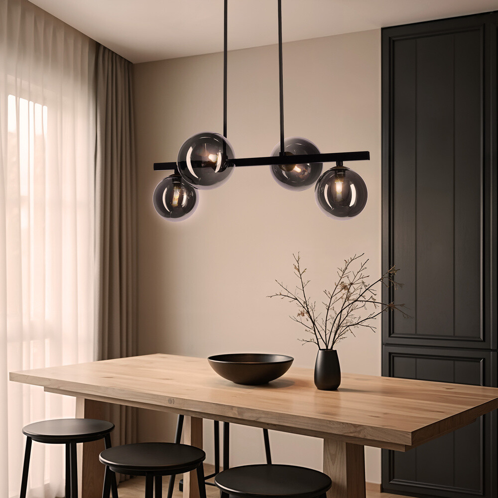 Čierna závesná lampa KAMA v tmavom japonskom štýle - s grafitovými guľôčkovými tienidlami - dizajnová lampa do obývačky 4x G9 LED
