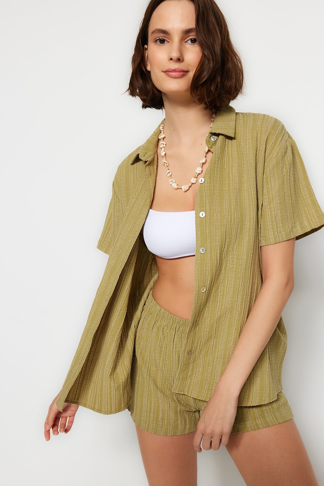 Trendyol Green Woven Linen Blend Shirt Shorts Beach Set