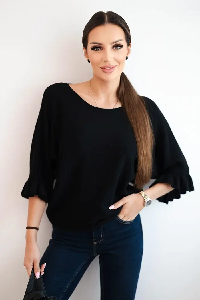 Kesi Włoski Dámsky sveter s ozdobným manžetom čierny