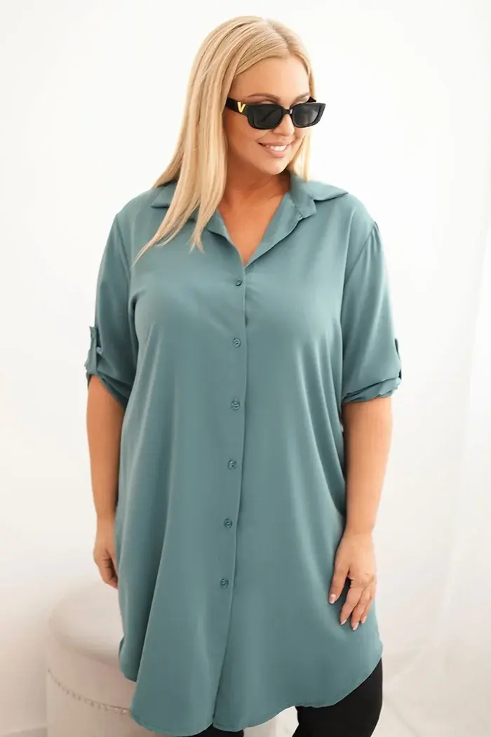 Kesi Włoski Dámska košelová sukňa Plus Size s dlhším zadným dielom a vyhrnutým rukávom tmavo mentolová