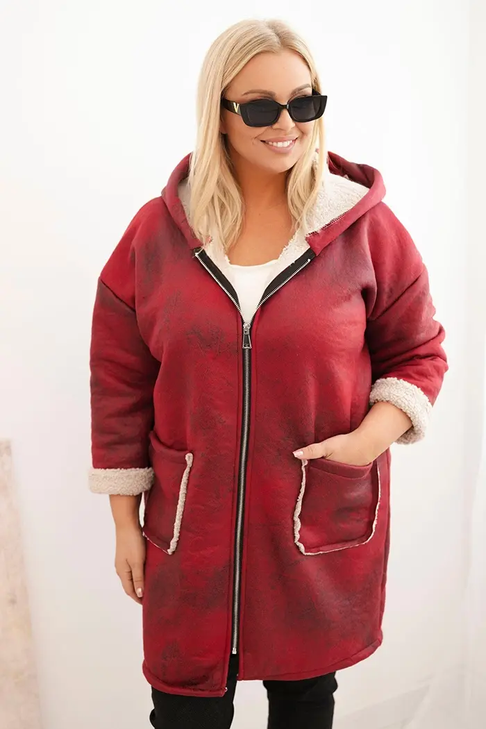 Kesi Włoski Dámska bunda Plus Size s kapucňou a vreckami zateplená baránkom bordová