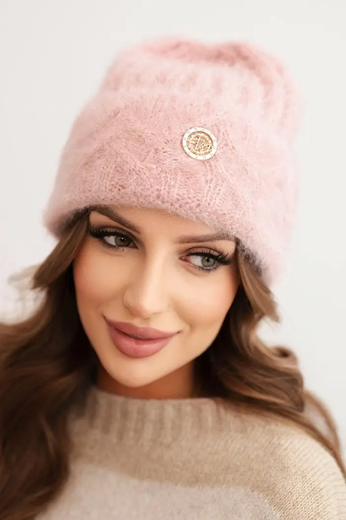 Kesi Dámska čiapka pruhovaná z viskózy nadýchaná s ozdobným kovovým gombíkom pudrová ružová