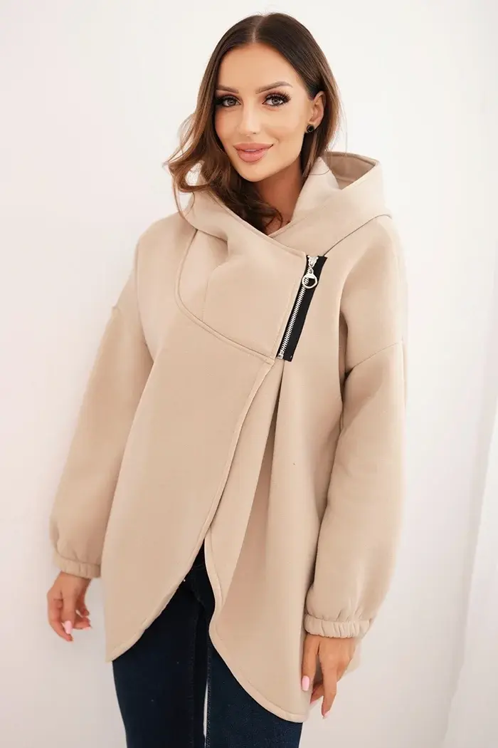 Kesi Włoski Dámska mikina s kapucňou a asymetrickým zipsom béžová