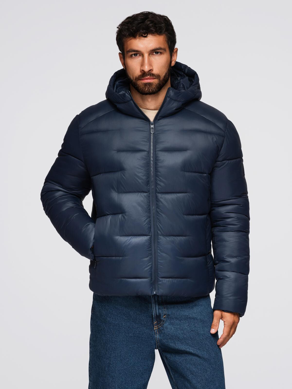 Ombre Men's quilted puffer jacket with hood - navy blue