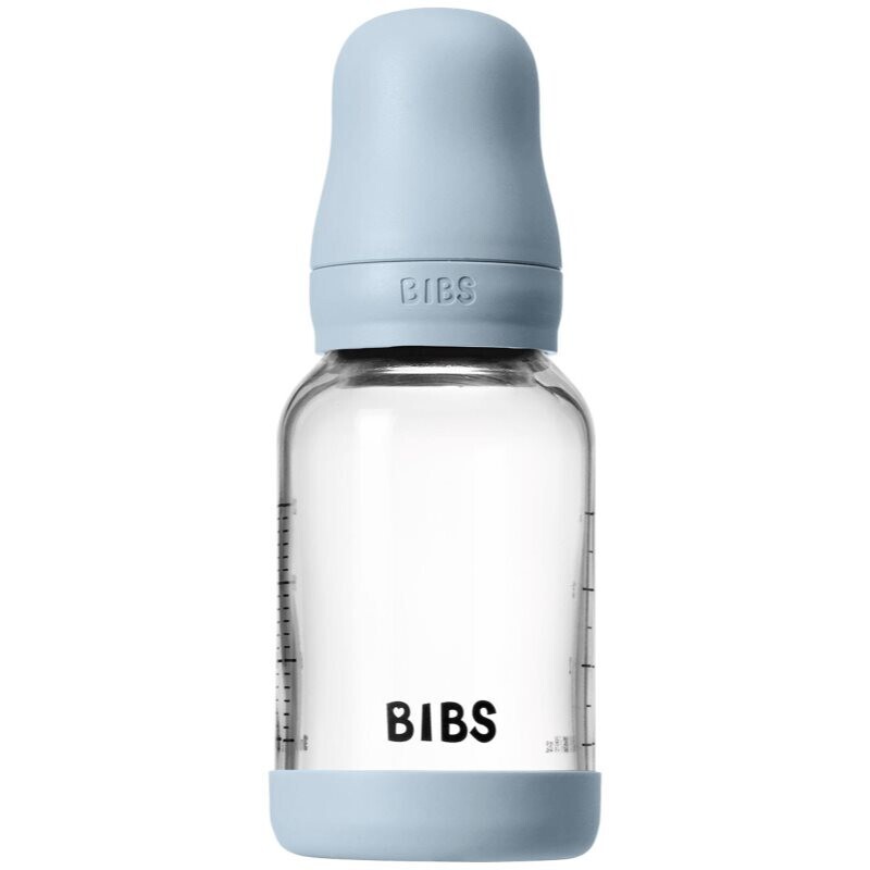 BIBS Baby Glass Bottle Silicone antikoliková fľaša so silikónovým náustkom Baby Blue 120 ml