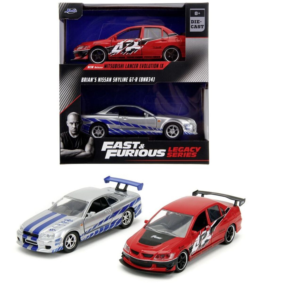 Rýchlo a zbesilo Twin Pack 2006 Mitsubishi Lancer Evo IX + Brianov 2002 Nissan Skyline GTR R34, 1:32 Wave