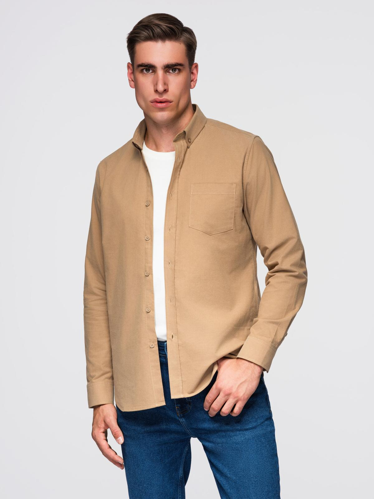 Ombre Men's REGULAR FIT cotton shirt with pocket - light brown