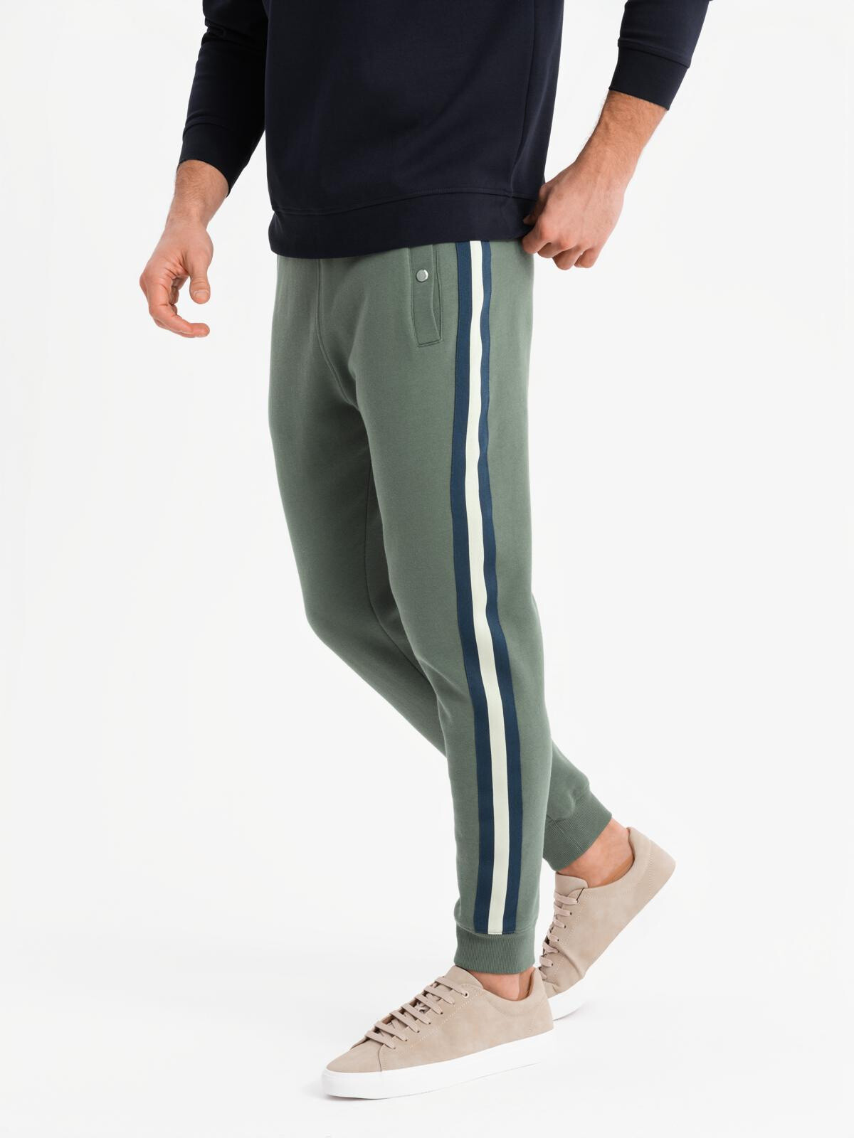 Ombre Men's sweatpants with piping and leg ribbing - olive