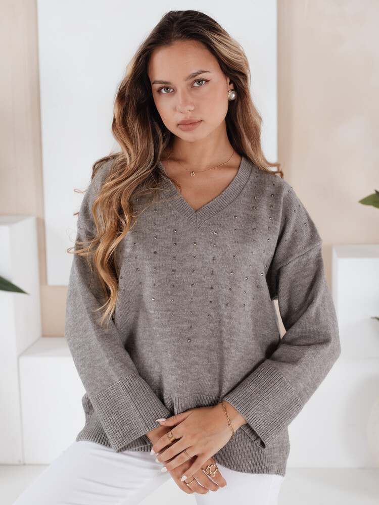 Damski sweter z dekoltem V VERALIA szary Dstreet