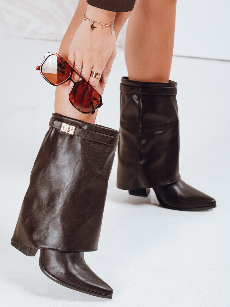 Botki damskie z szeroką cholewką brązowe Dstreet