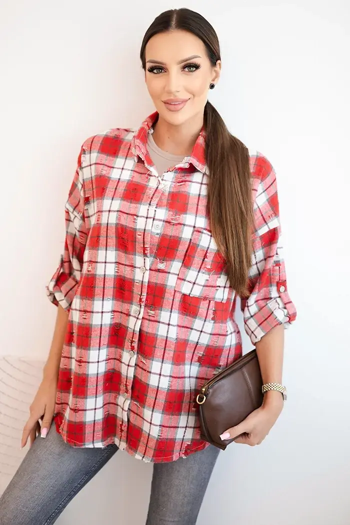 Kesi Włoski Dámska bavlnená košeľa s efektom obrusovania červená