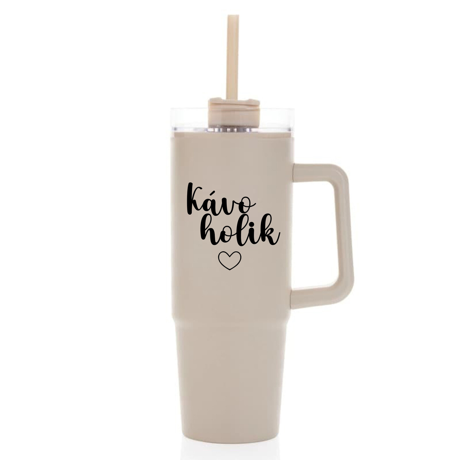 KÁVOHOLIK - béžový cestovní termohrnek s průhledným víčkem 900 ml