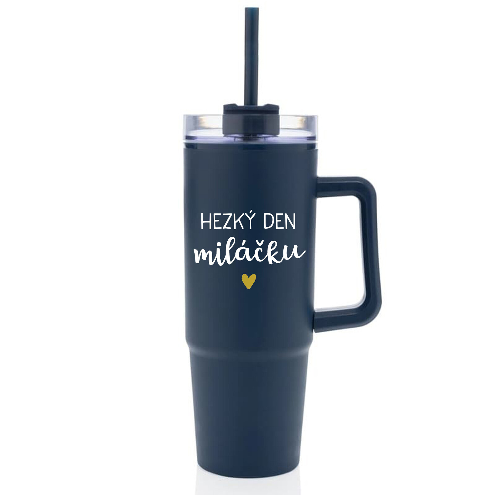 HEZKÝ DEN MILÁČKU - modrý cestovní termohrnek s průhledným víčkem 900 ml