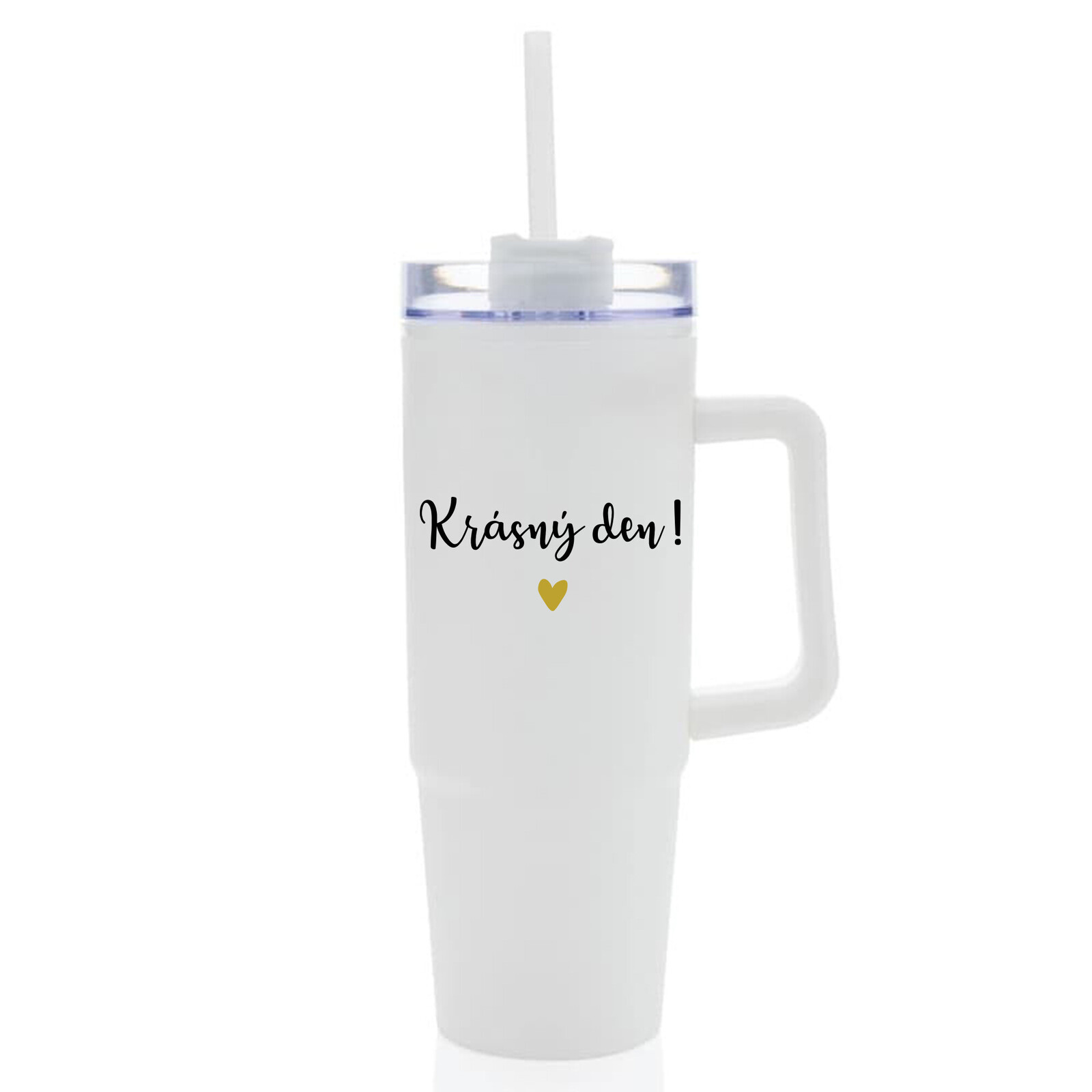 KRÁSNÝ DEN - bílý cestovní termohrnek s průhledným víčkem 900 ml