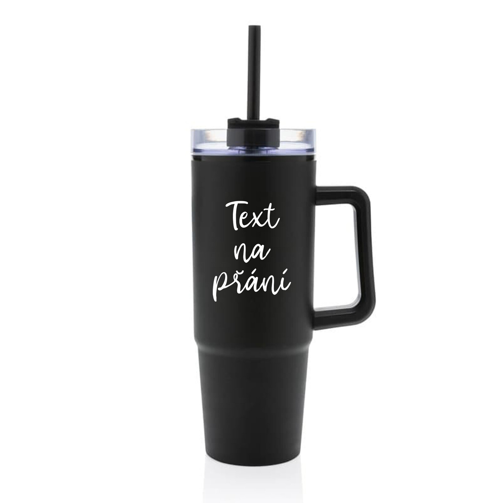 TEXT NA PŘÁNÍ - černý cestovní termohrnek s průhledným víčkem 900 ml