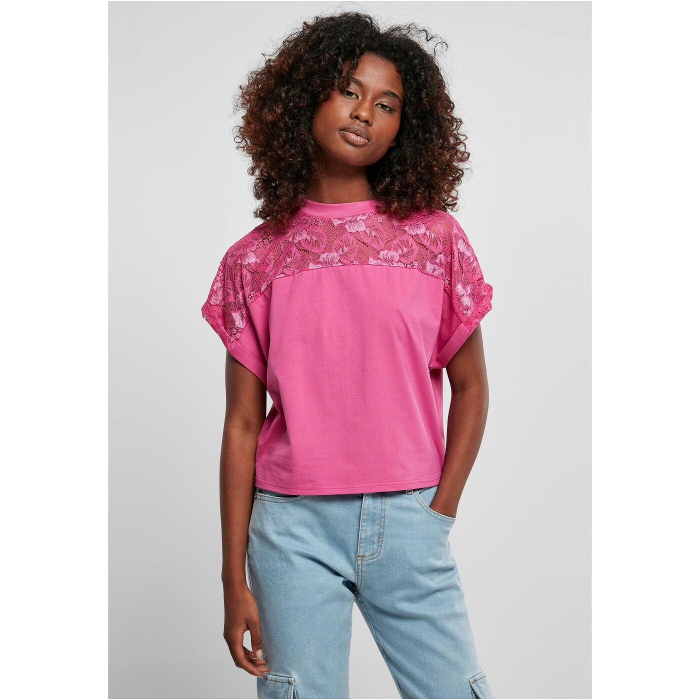 Women's short oversized lace t-shirt in light purple color