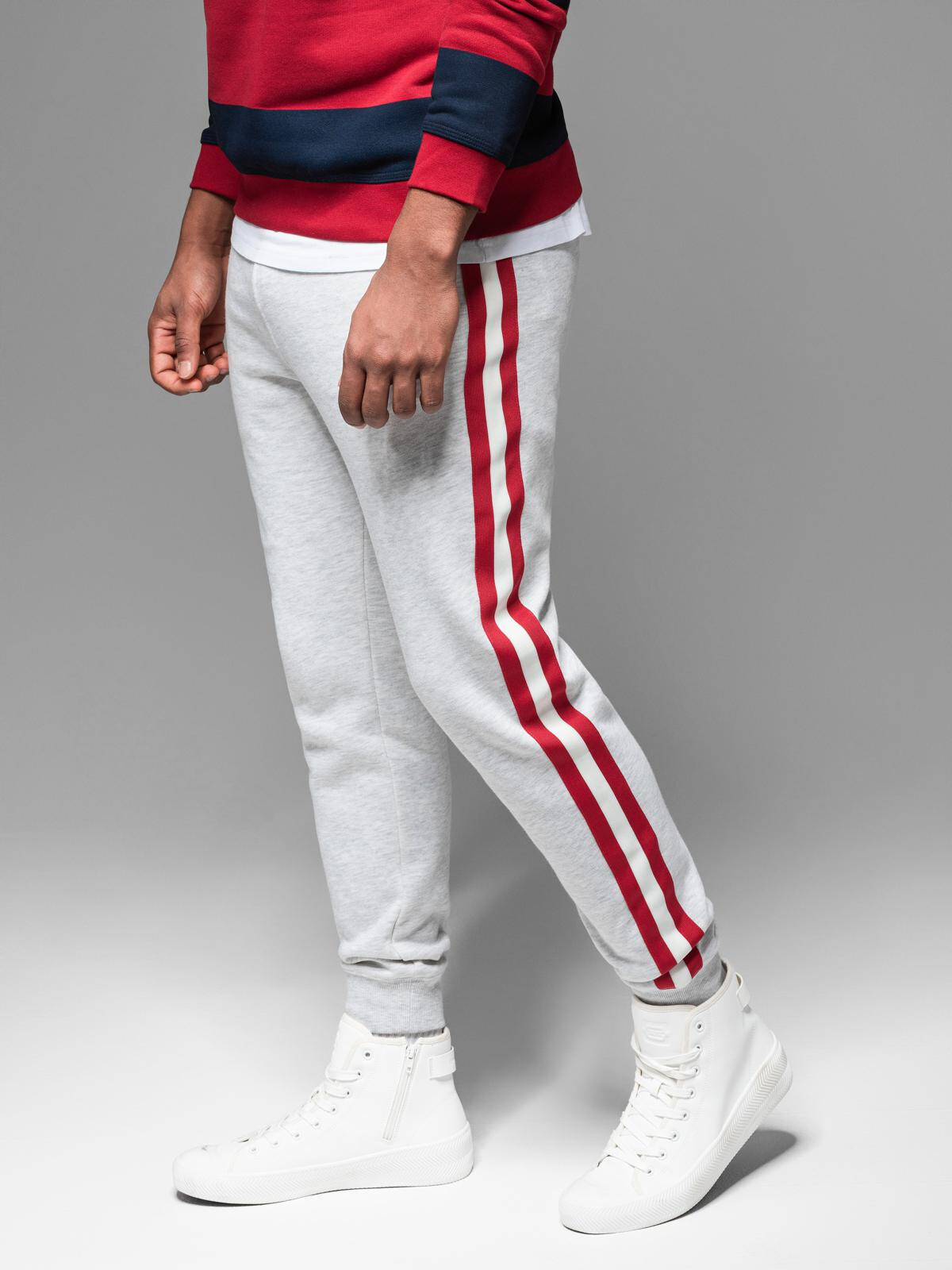 Ombre Men's sweatpants with piping and ribbing on legs - grey melange