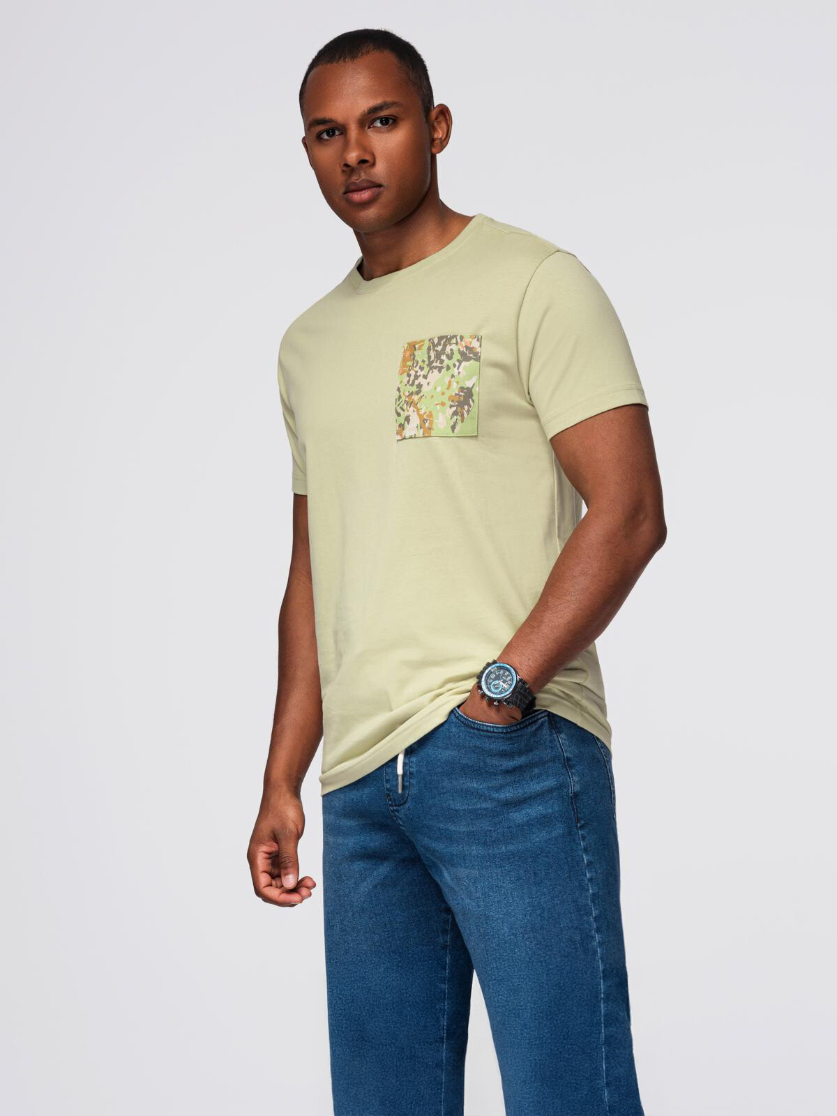 Ombre Men's cotton t-shirt with printed pocket - light grey