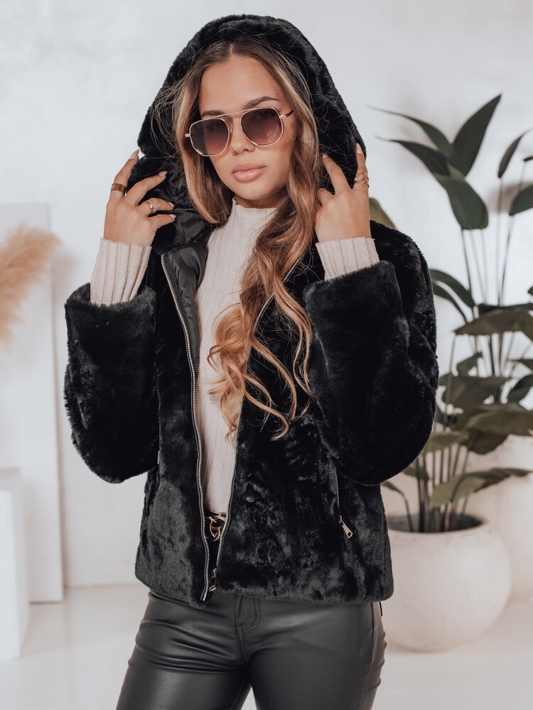 Płaszcz damski krótki ELMIRIS czarny futerkowy Dstreet