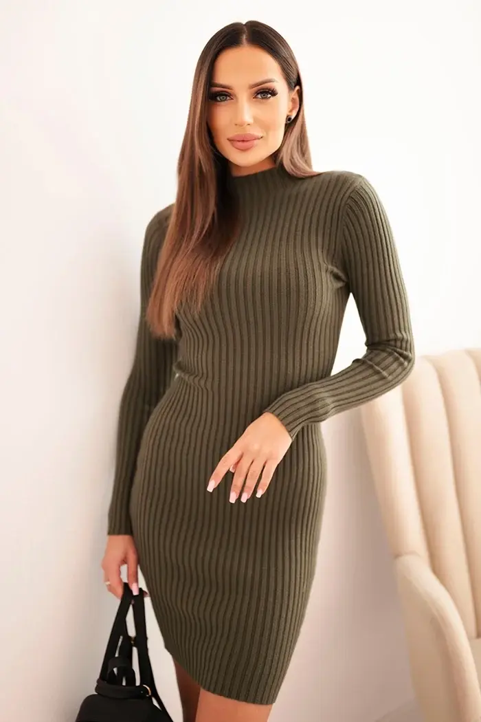 Kesi Włoski Dámska viskózová pruhovaná šaty s dlhým rukávom a stojacím golierom khaki