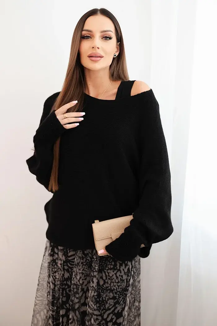 Kesi Włoski Dámsky komplet s vlneným sveterom a viskózovou sukňou čierny