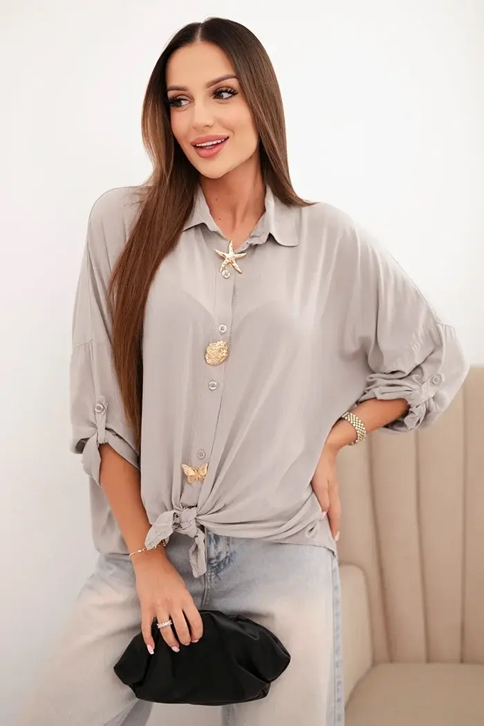 Kesi Włoski Dámska košeľa s viskózou s ozdobnými gombíkmi a golierom tmavobéžová